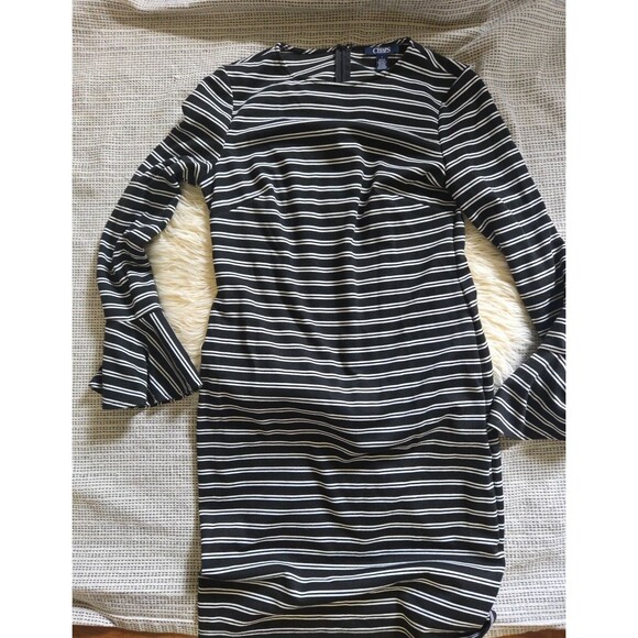 Chaps Women's 4 Black & White Small Striped Dress 4 Long Bell Sleeves Fitted - Picture 2 of 7